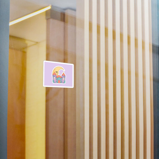The Sleepy Castle kids sticker — single kiss-cut vinyl sticker of a drowsy castle tower under soft stars