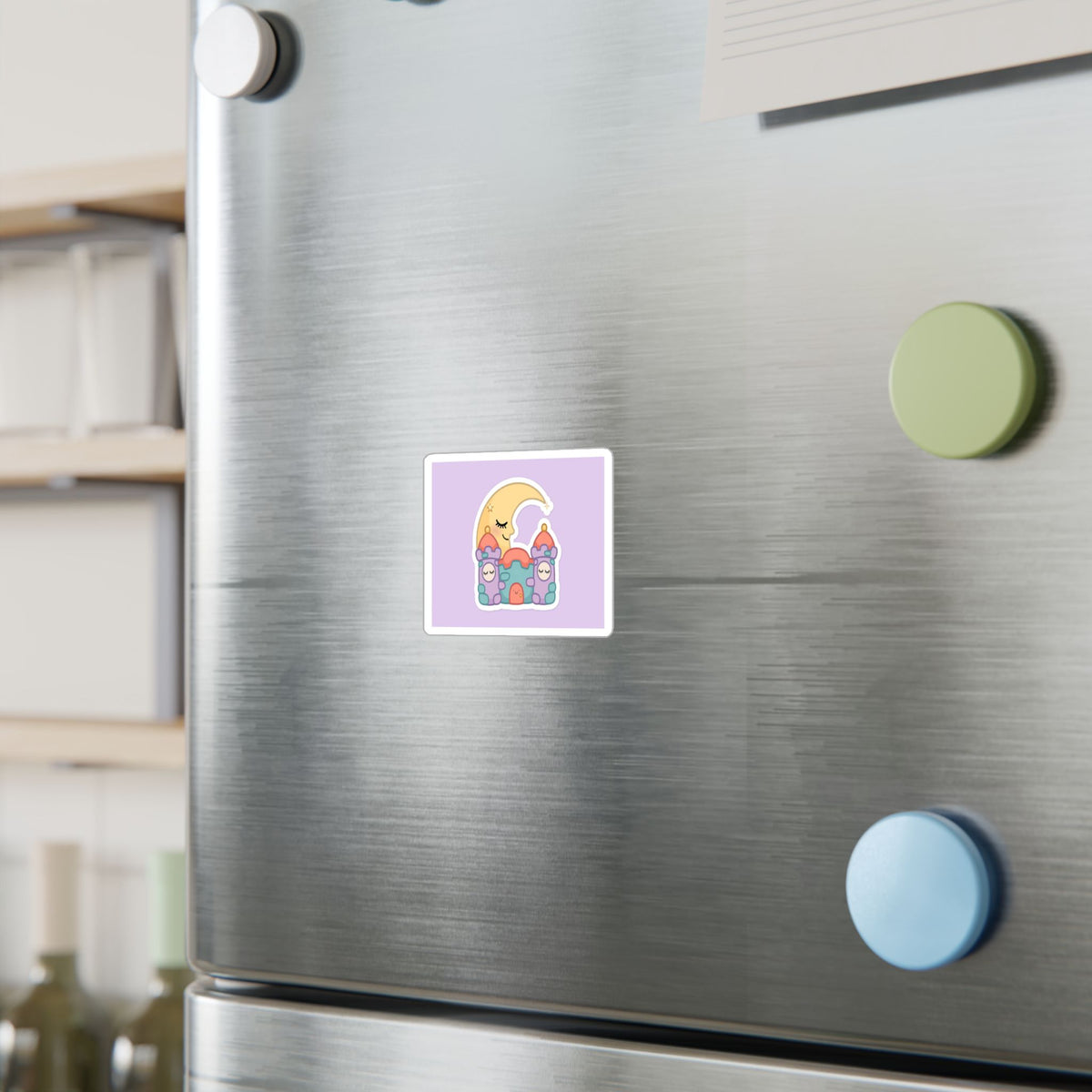 The Sleepy Castle kids sticker — single kiss-cut vinyl sticker of a drowsy castle tower under soft stars