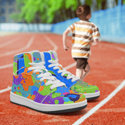 Tower Explosion kids' high-top sneakers on a running track with a child in the background — supplier lifestyle mockup