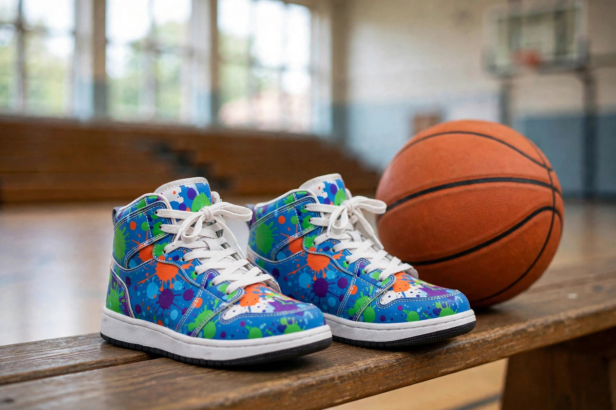 Tower Explosion kids high-top sneakers on a gym bench beside a basketball in a school gymnasium