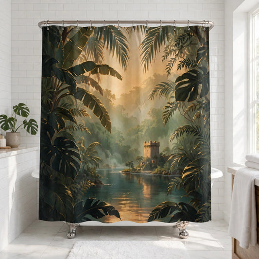 Tropical Tile shower curtain hanging in a bright bathroom