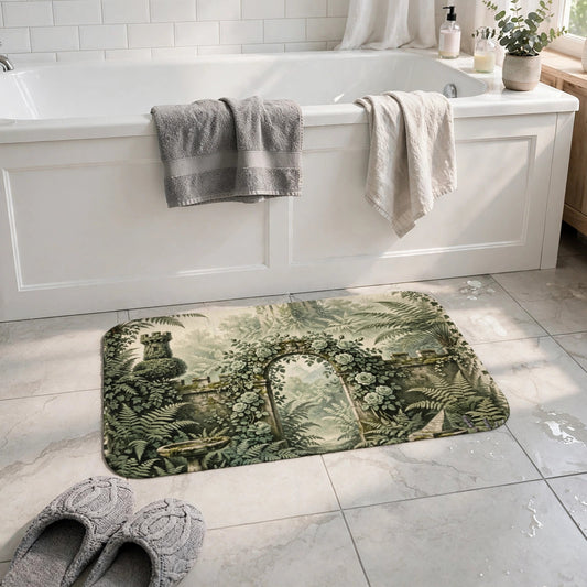 Vintage Botanical Garden bath mat on a tiled bathroom floor in front of a white bathtub