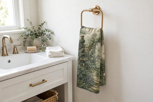 Vintage Botanical Garden hand towel hanging on a towel ring beside a sink in a bright bathroom