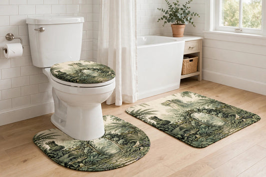 Vintage Botanical Garden 3-piece bath rug set installed around a white toilet