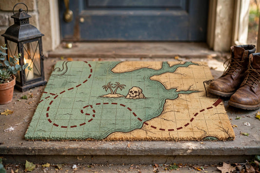 Vintage Pirate Map with Nautical Treasure Entrance Doormat — lifestyle photo