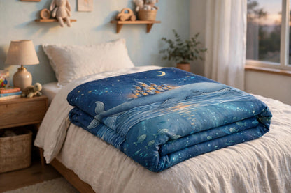 Whale's Lullaby blanket with whale and castle artwork folded at the foot of a child's bed