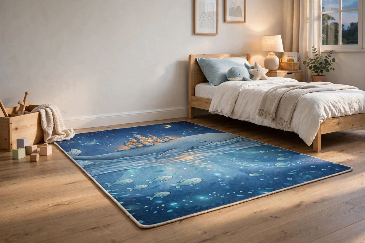 Whale's Lullaby flat-printed rug with whale and castle artwork in a child's bedroom, low angle