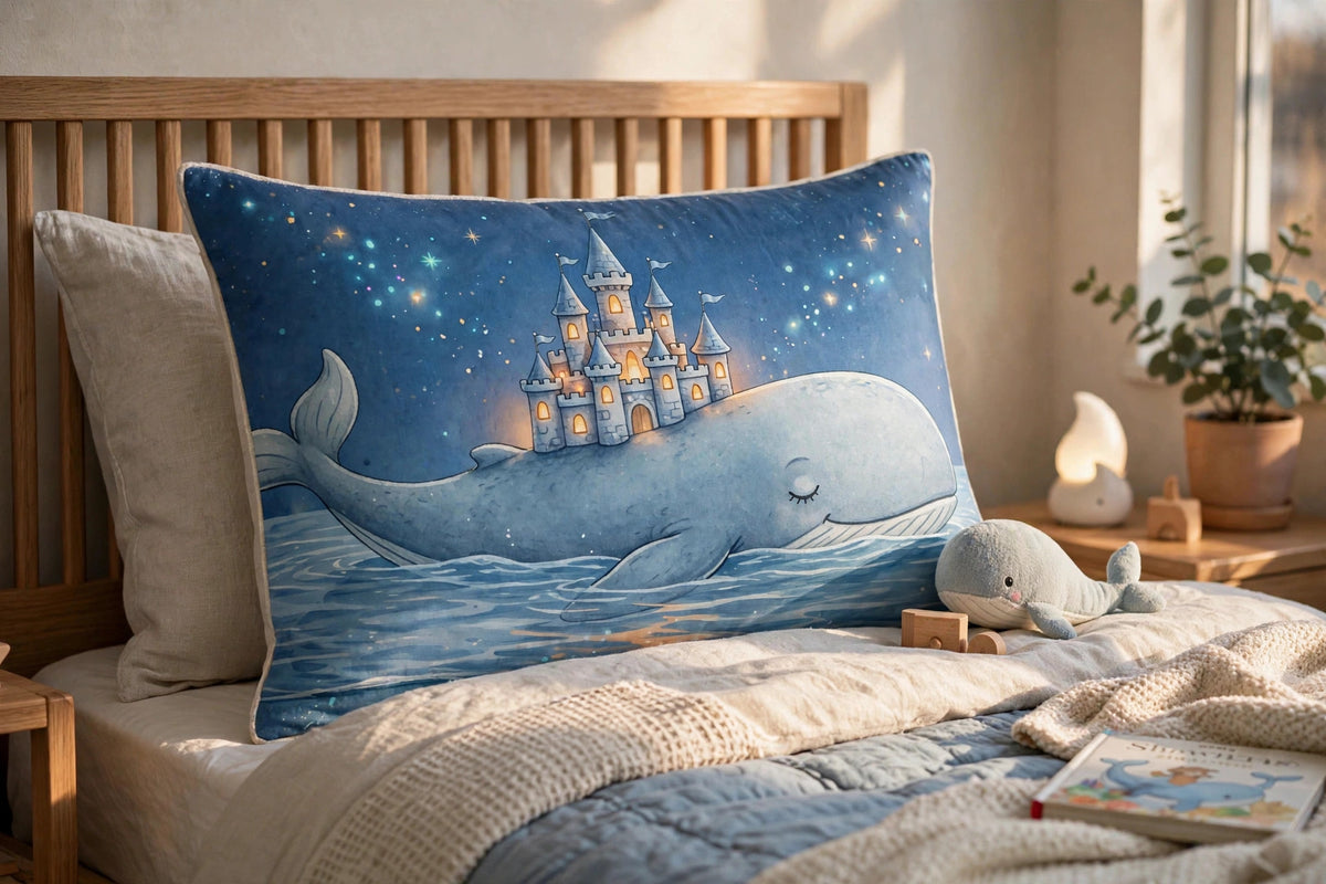 Whale's Lullaby pillow sham with whale and castle artwork propped on a bed, close view