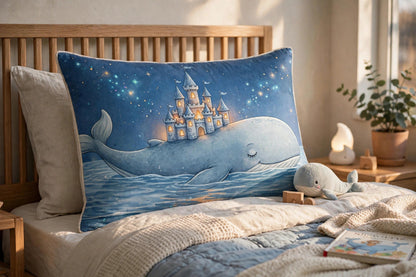 Whale's Lullaby pillow sham with whale and castle artwork propped on a bed, close view