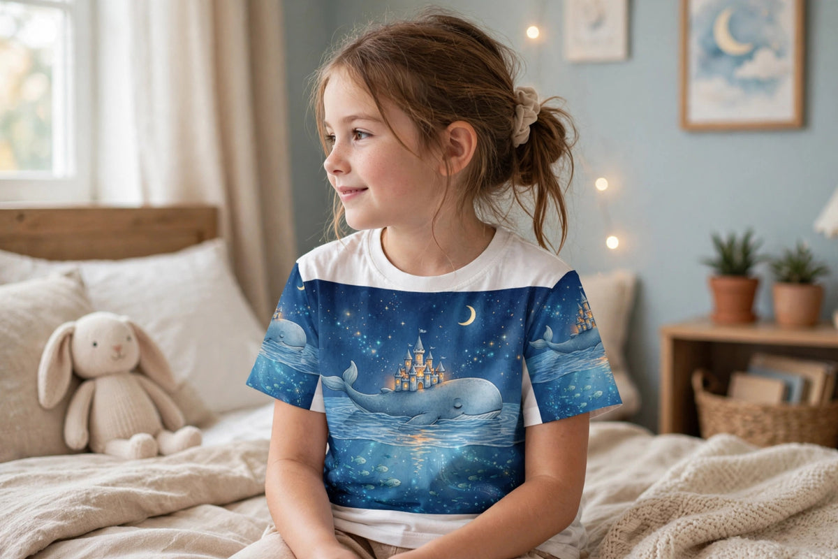 Girl in a bedroom wearing the Whale's Lullaby all-over print tee with whale and castle artwork