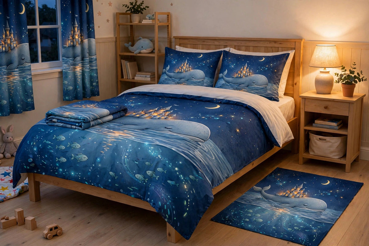 The Whale's Lullaby complete bedroom set in a kids bedroom seen from a closer angle, with the printed duvet, pillow shams, curtains and rug