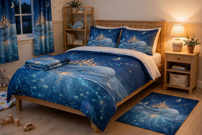 The Whale's Lullaby complete bedroom set in a kids bedroom seen from a closer angle, with the printed duvet, pillow shams, curtains and rug
