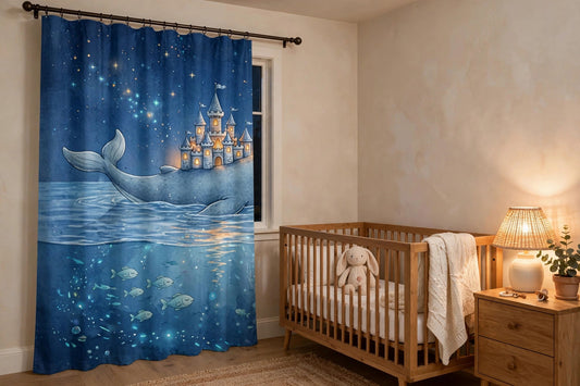 Whale's Lullaby printed curtains hanging at a nursery window beside a wooden crib