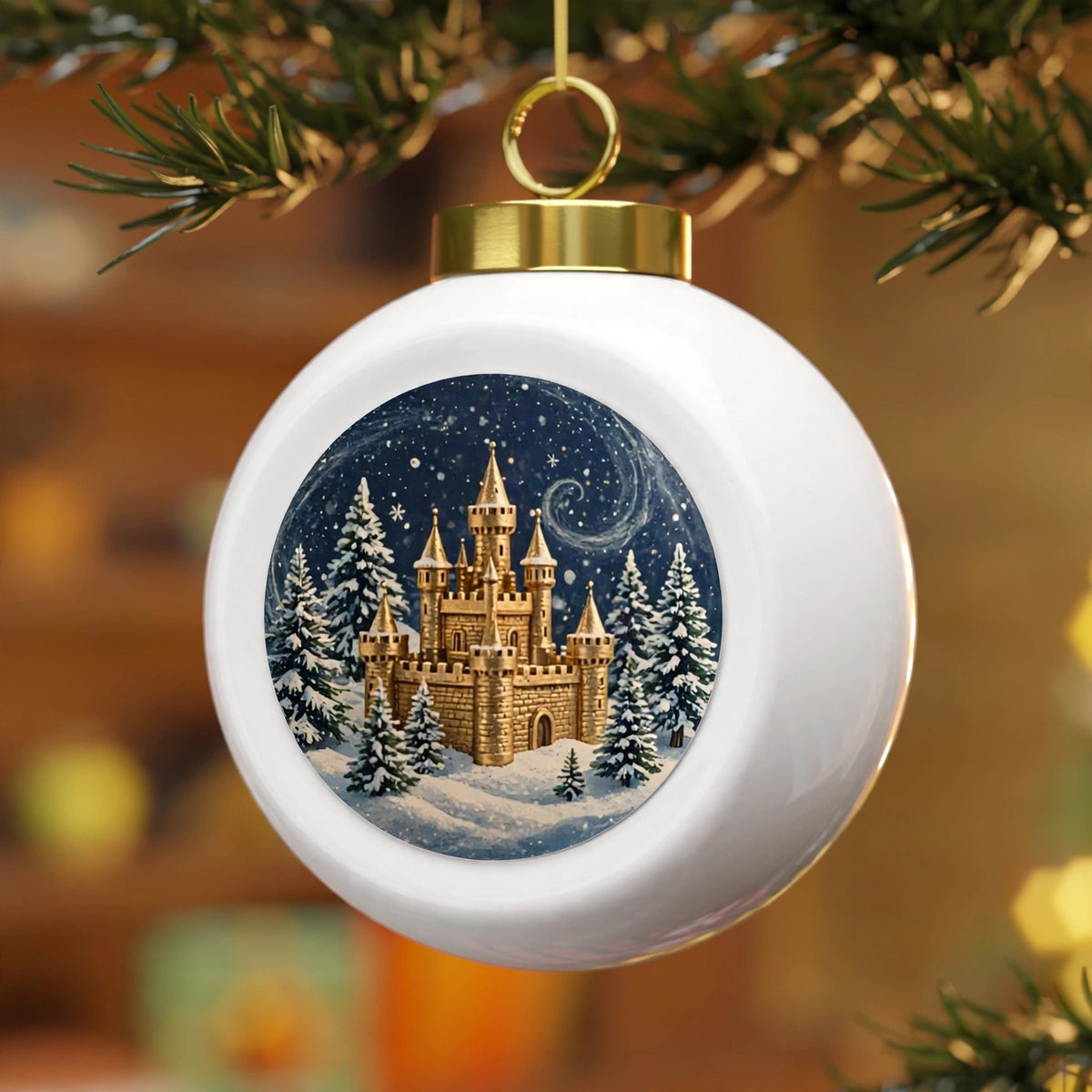 Winter Wonderland Snowglobe Bauble hanging on a Christmas tree, white bauble printed with a golden castle in snow, snow-covered pine trees and a navy starry sky