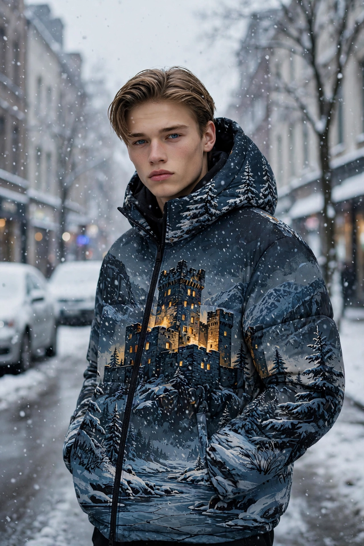 Winter Hold Puffer — all-over print fortress puffer worn in the snow