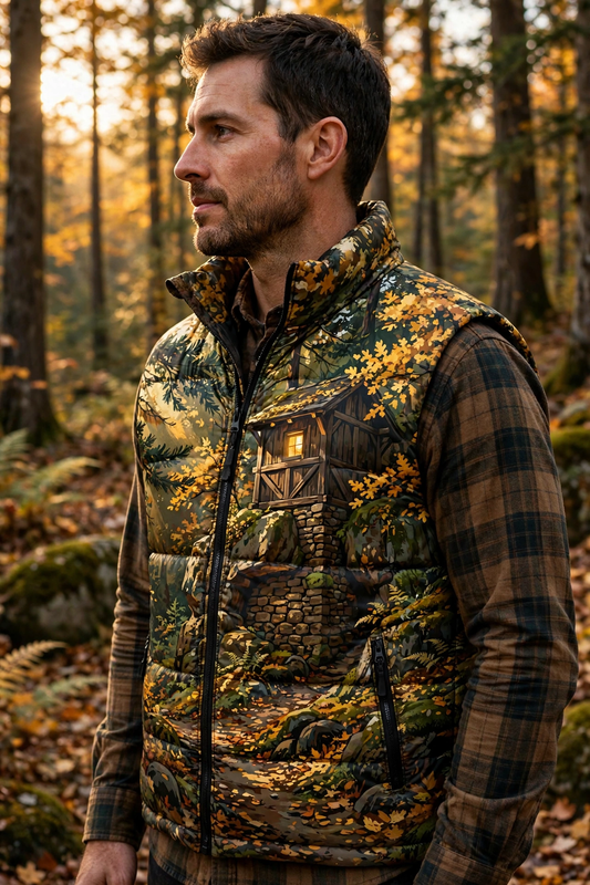 Woodland Hideout Vest — all-over print puffer vest worn over flannel in autumn woods