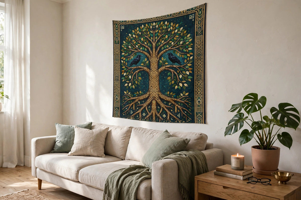 Yggdrasil wall tapestry with the world tree and ravens hanging above a sofa in a living room